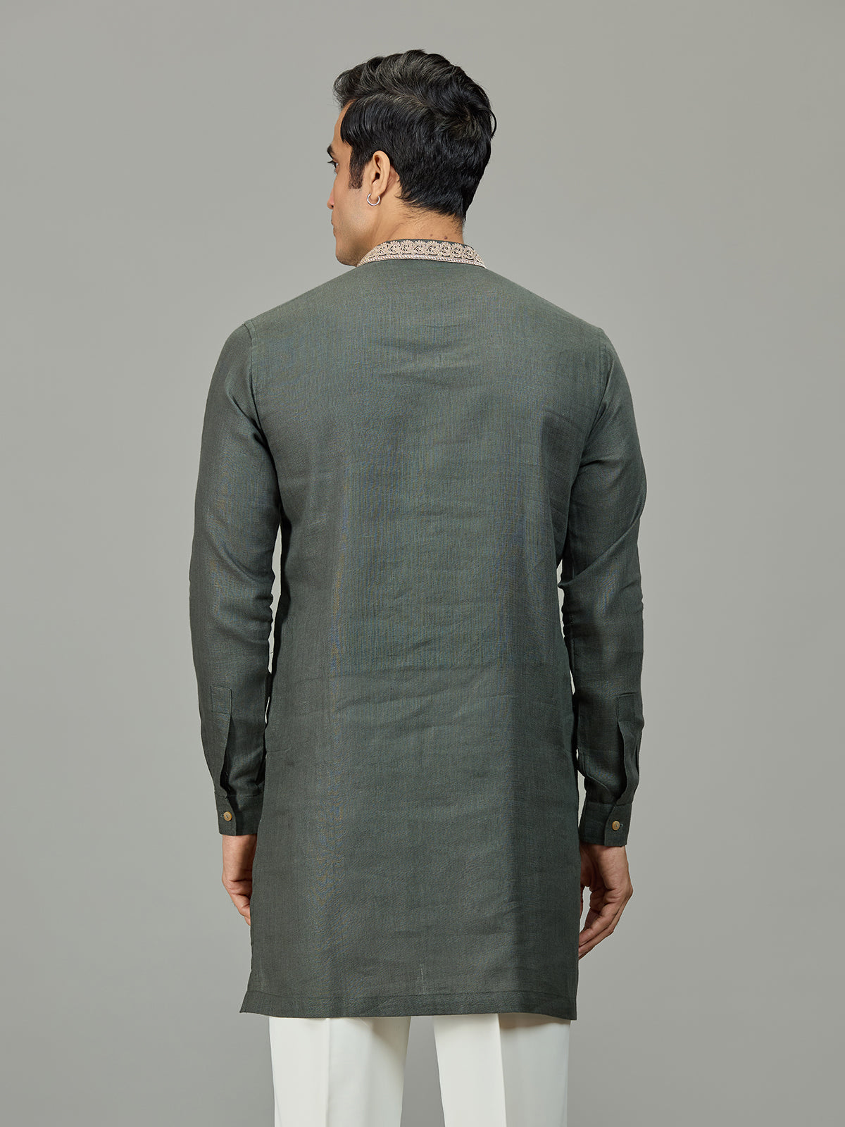 Olive green stylish leaf linen men kurta