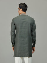 Olive green stylish leaf linen men kurta