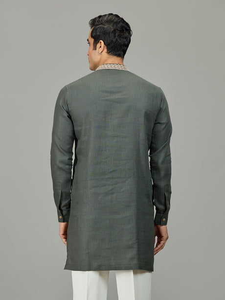 Olive green stylish leaf linen men kurta