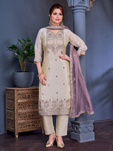 Cream shimmer salwar suit with purple contrast dupatta and yoke detailing