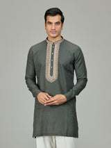 Olive green stylish leaf linen men kurta
