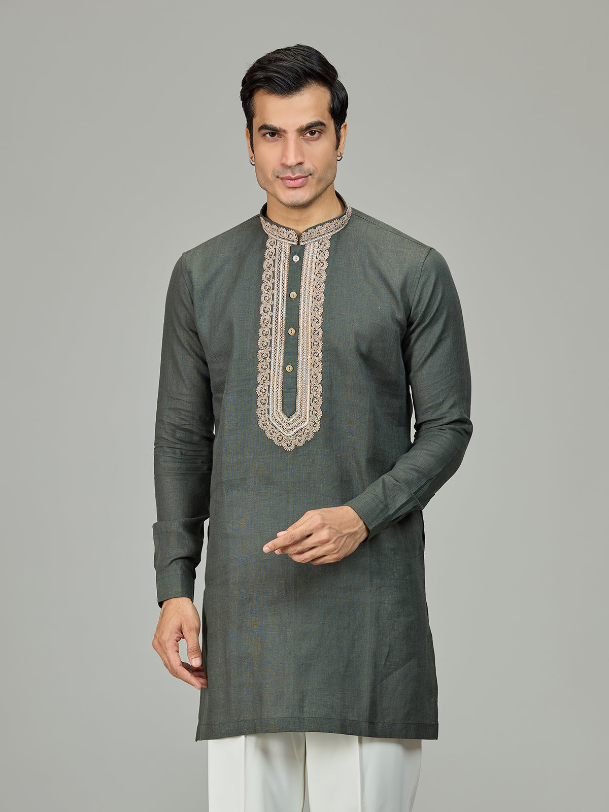 Olive green stylish leaf linen men kurta