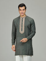 Olive green stylish leaf linen men kurta