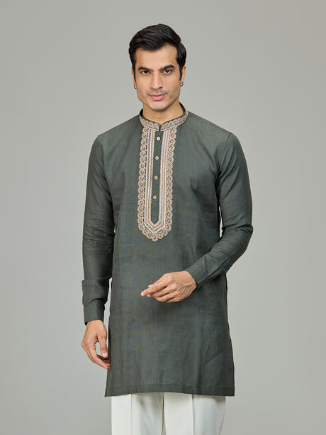 Olive green stylish leaf linen men kurta