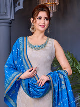 Beige shimmer salwar suit with ornate zardosi neckline detailing