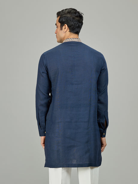 Blue classic textured leaf linen men kurta