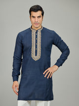 Blue classic textured leaf linen men kurta