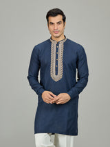 Blue classic textured leaf linen men kurta