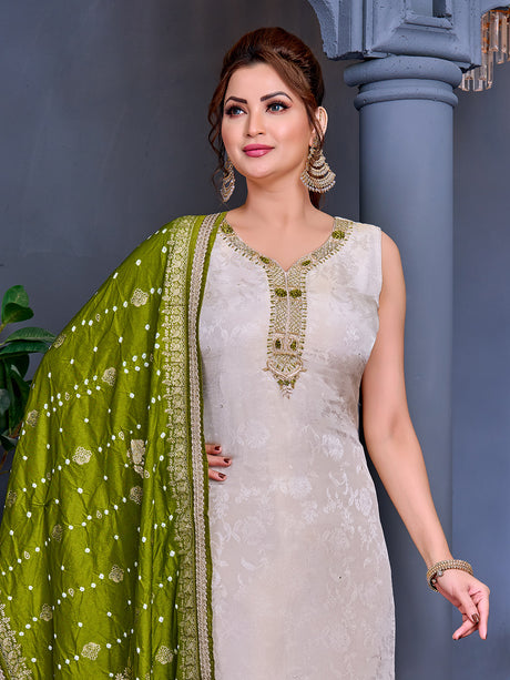 Beige shimmer salwar suit with mehendi dupatta and zardosi work