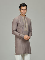 Grey premium leaf motif linen men kurta