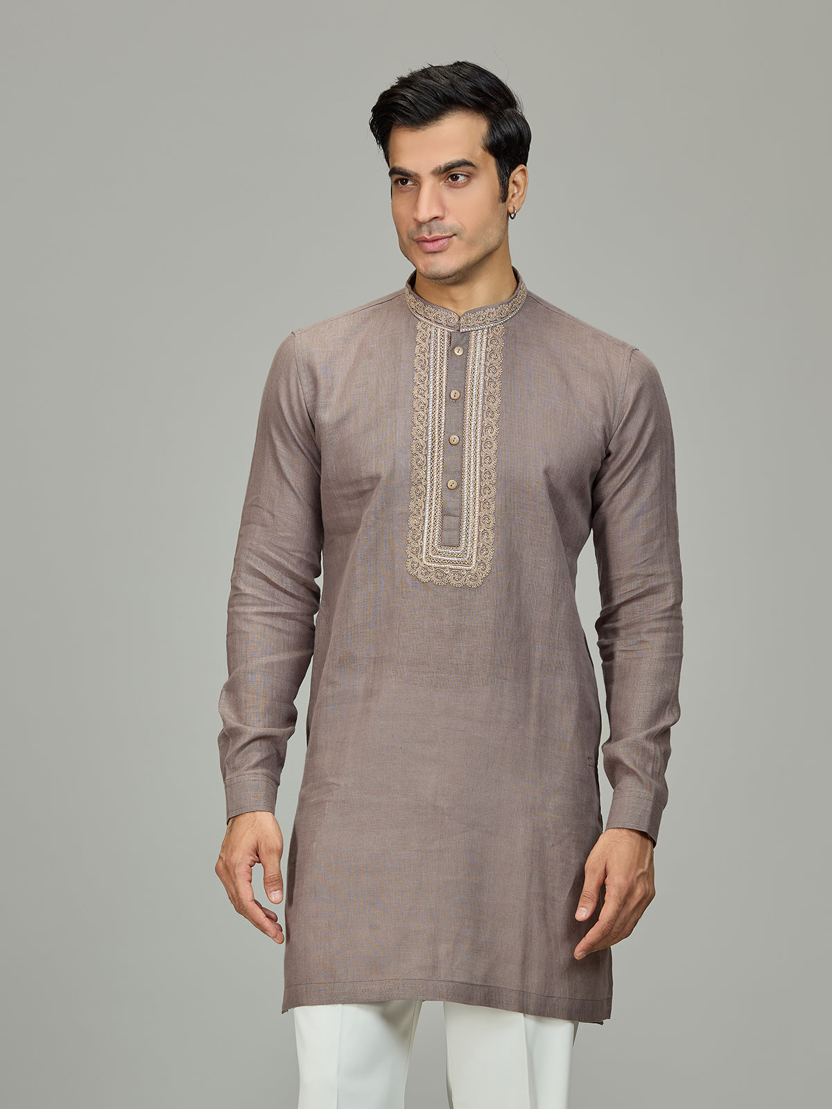 Grey premium leaf motif linen men kurta