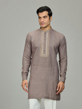 Grey premium leaf motif linen men kurta