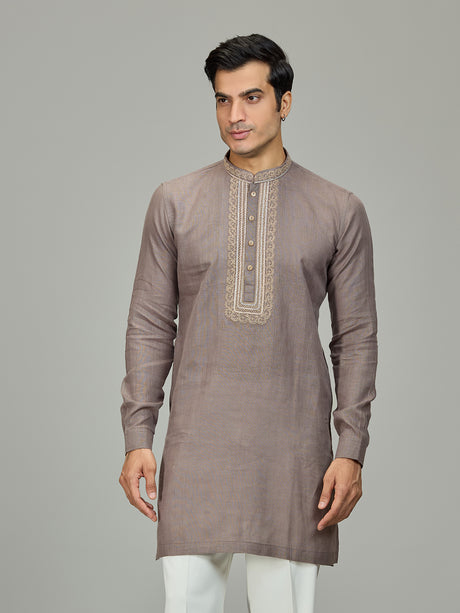 Grey premium leaf motif linen men kurta