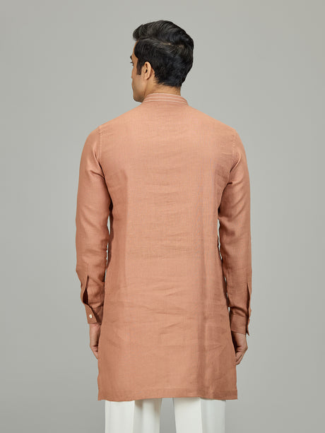 Rust peach signature botanical linen men kurta