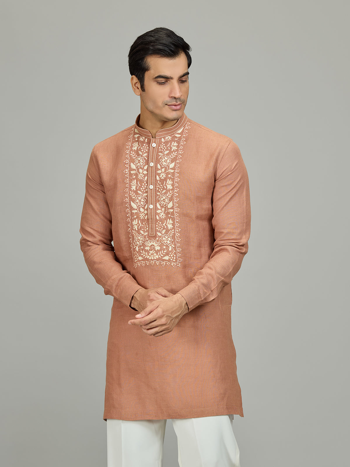 Rust peach signature botanical linen men kurta