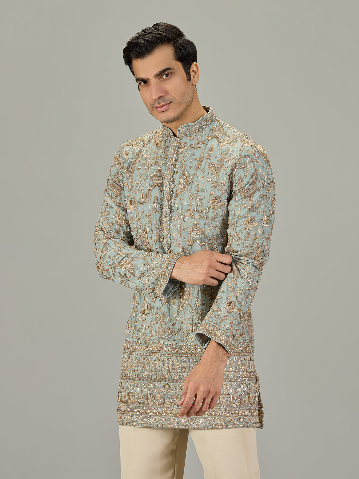 Mint blue persian floral men kurta suit