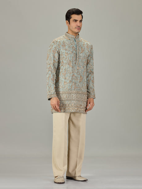 Mint blue persian floral men kurta suit