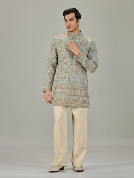 Mint blue persian floral men kurta suit