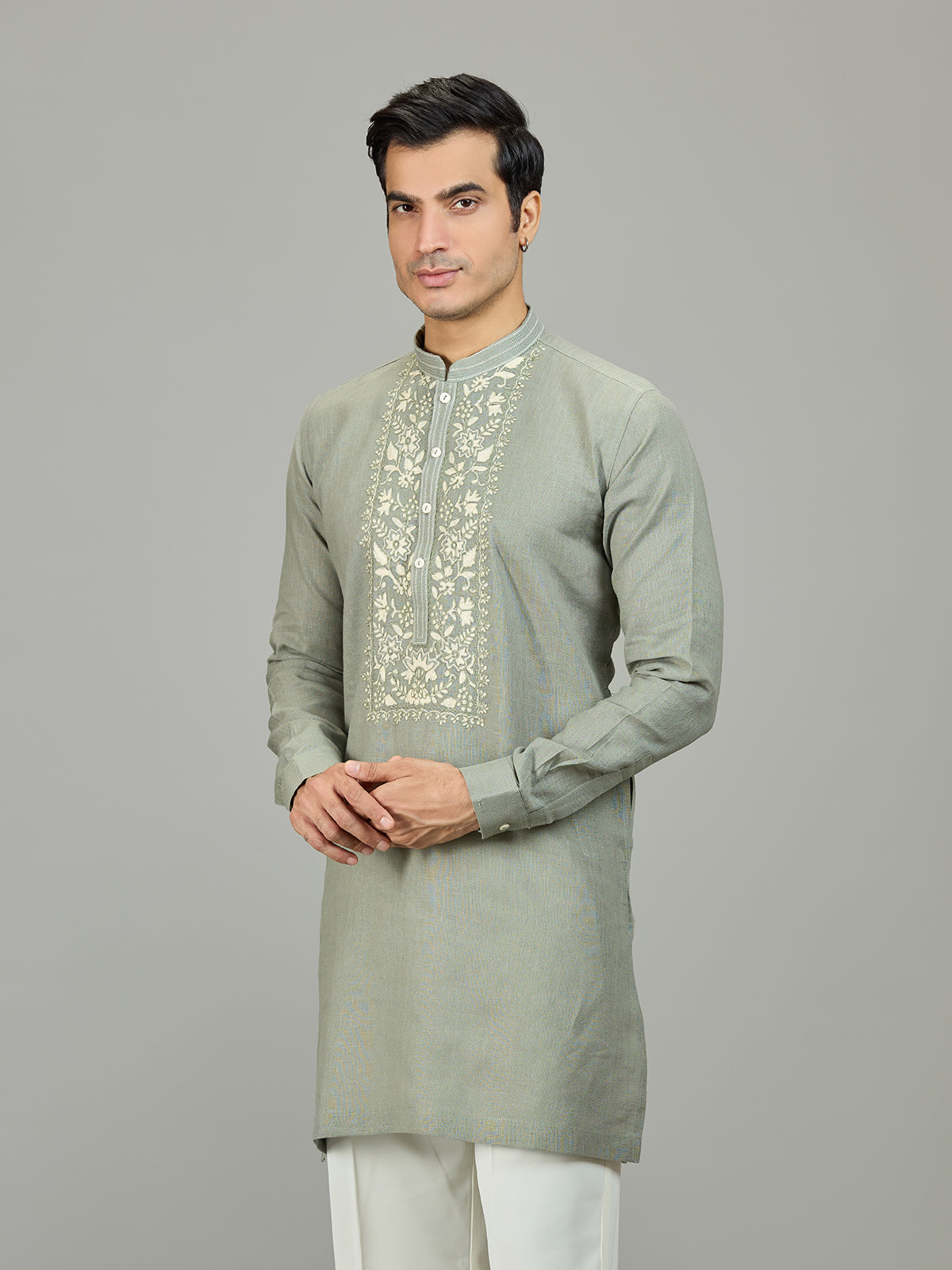 Stone green linen men kurta