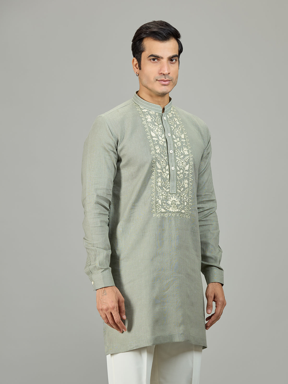 Stone green linen men kurta