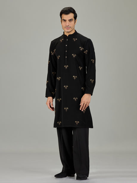 Black floral embroidered men kurta suit