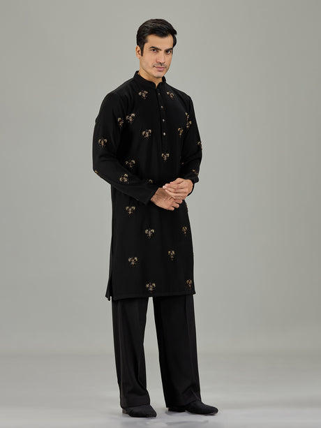 Black floral embroidered men kurta suit