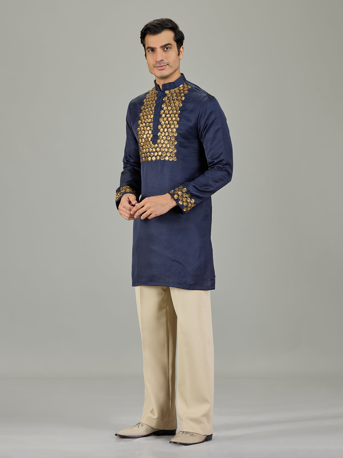 Navy blue floral cotton silk men kurta suit