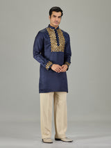 Navy blue floral cotton silk men kurta suit