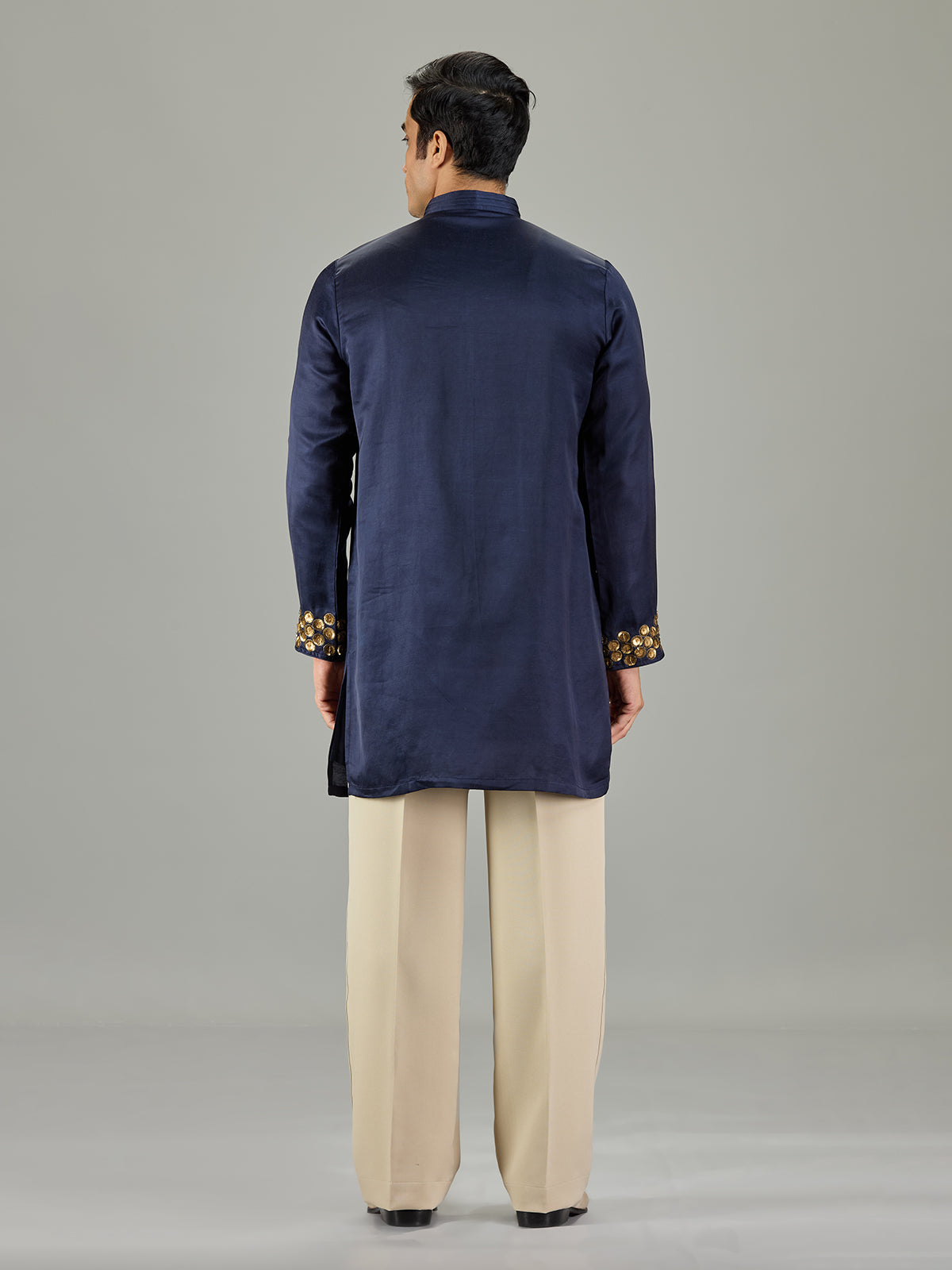 Navy blue floral cotton silk men kurta suit