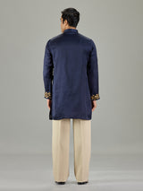 Navy blue floral cotton silk men kurta suit