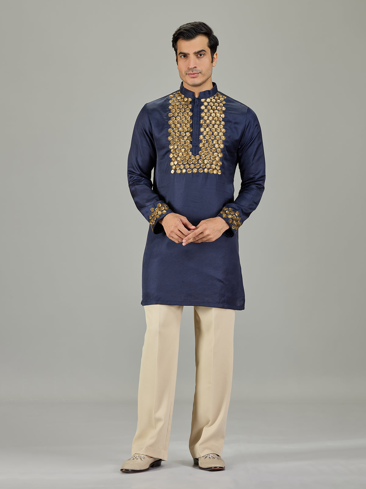 Navy blue floral cotton silk men kurta suit