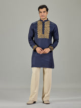 Navy blue floral cotton silk men kurta suit