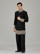 Black floral vine embroidered men indo western