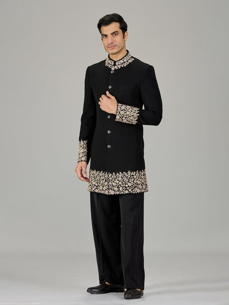 Black floral vine embroidered men indo western
