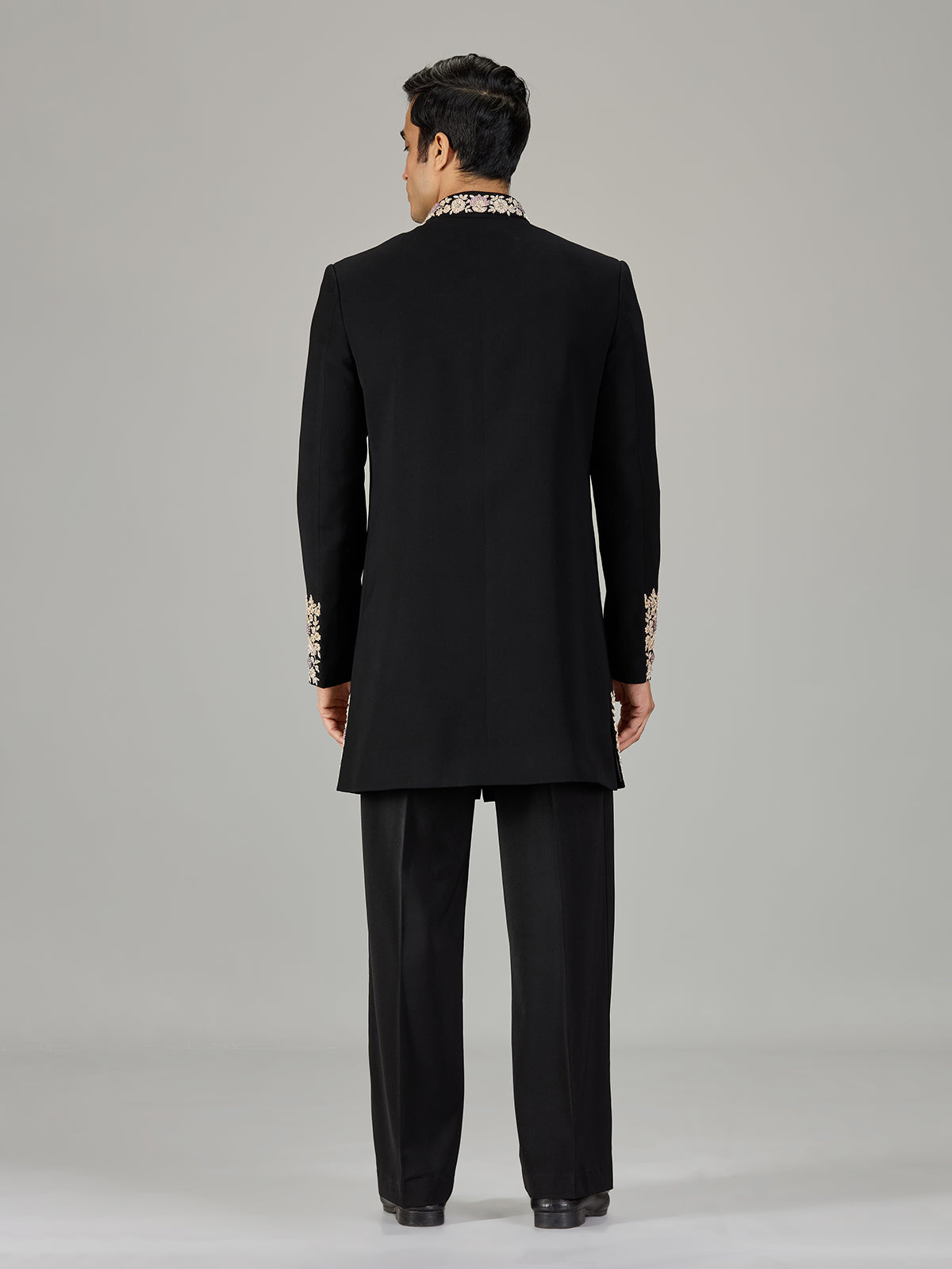 Black floral vine embroidered men indo western