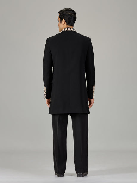 Black floral vine embroidered men indo western