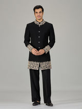 Black floral vine embroidered men indo western