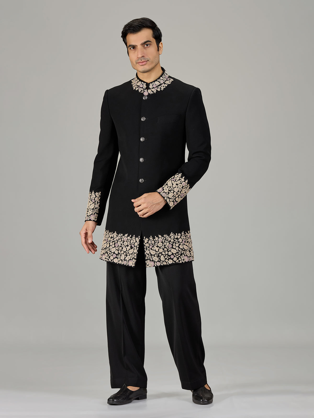 Black floral vine embroidered men indo western