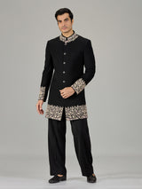 Black floral vine embroidered men indo western
