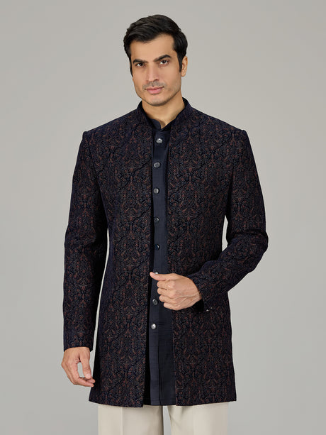 Navy blue damask embroidered men indo western