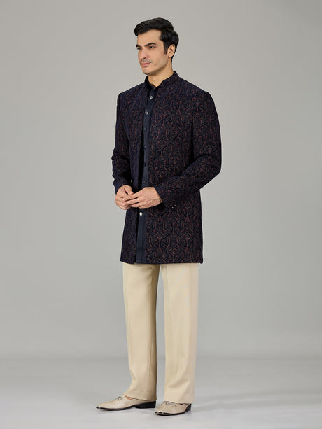 Navy blue damask embroidered men indo western