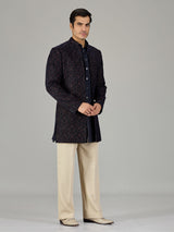 Navy blue damask embroidered men indo western