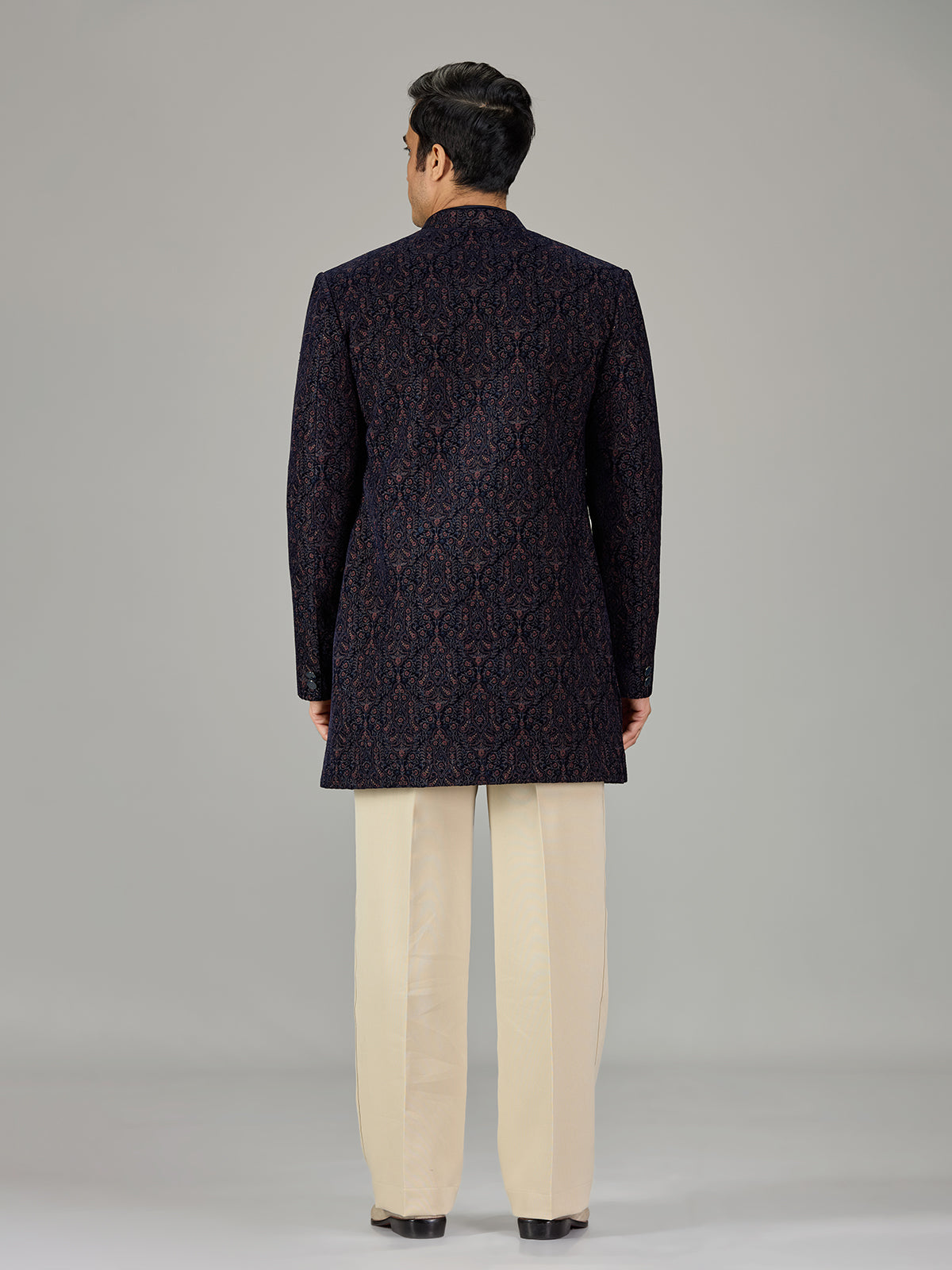 Navy blue damask embroidered men indo western