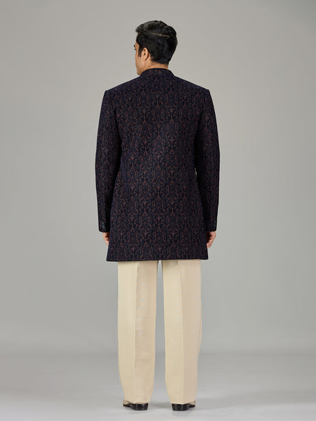 Navy blue damask embroidered men indo western