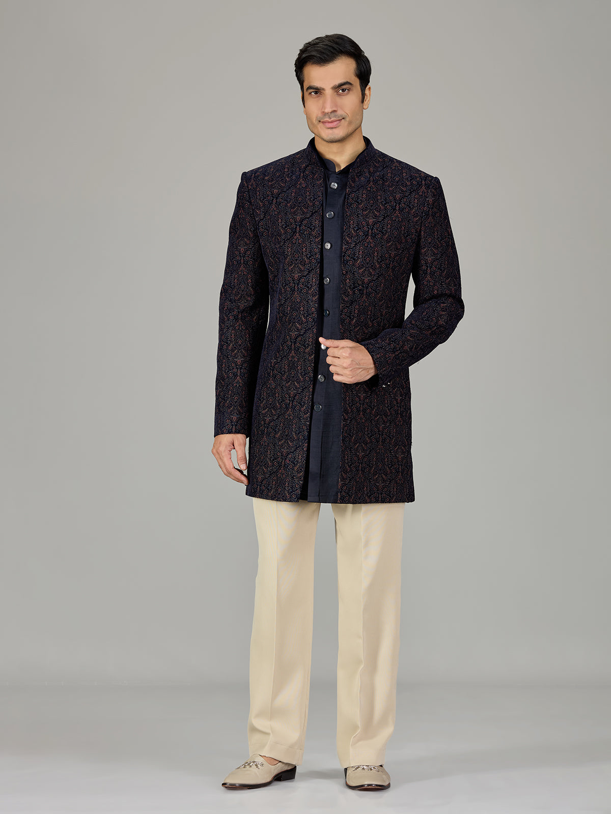 Navy blue damask embroidered men indo western