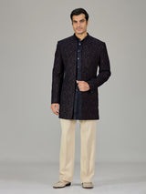 Navy blue damask embroidered men indo western