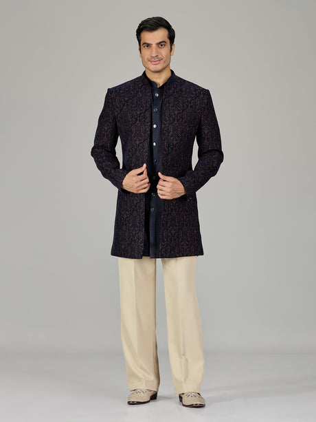 Navy blue damask embroidered men indo western