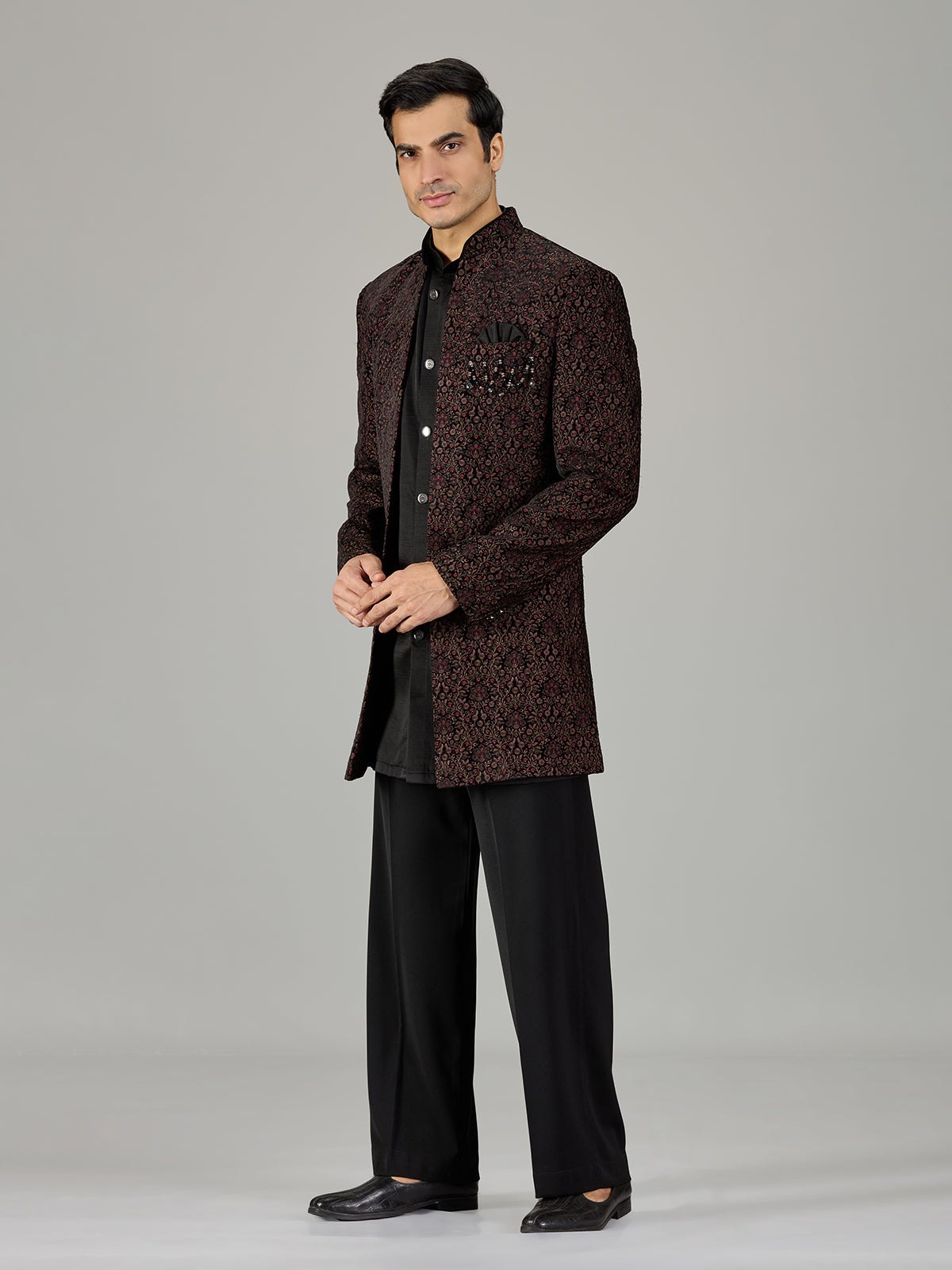 Black persian floral jacket men indo western