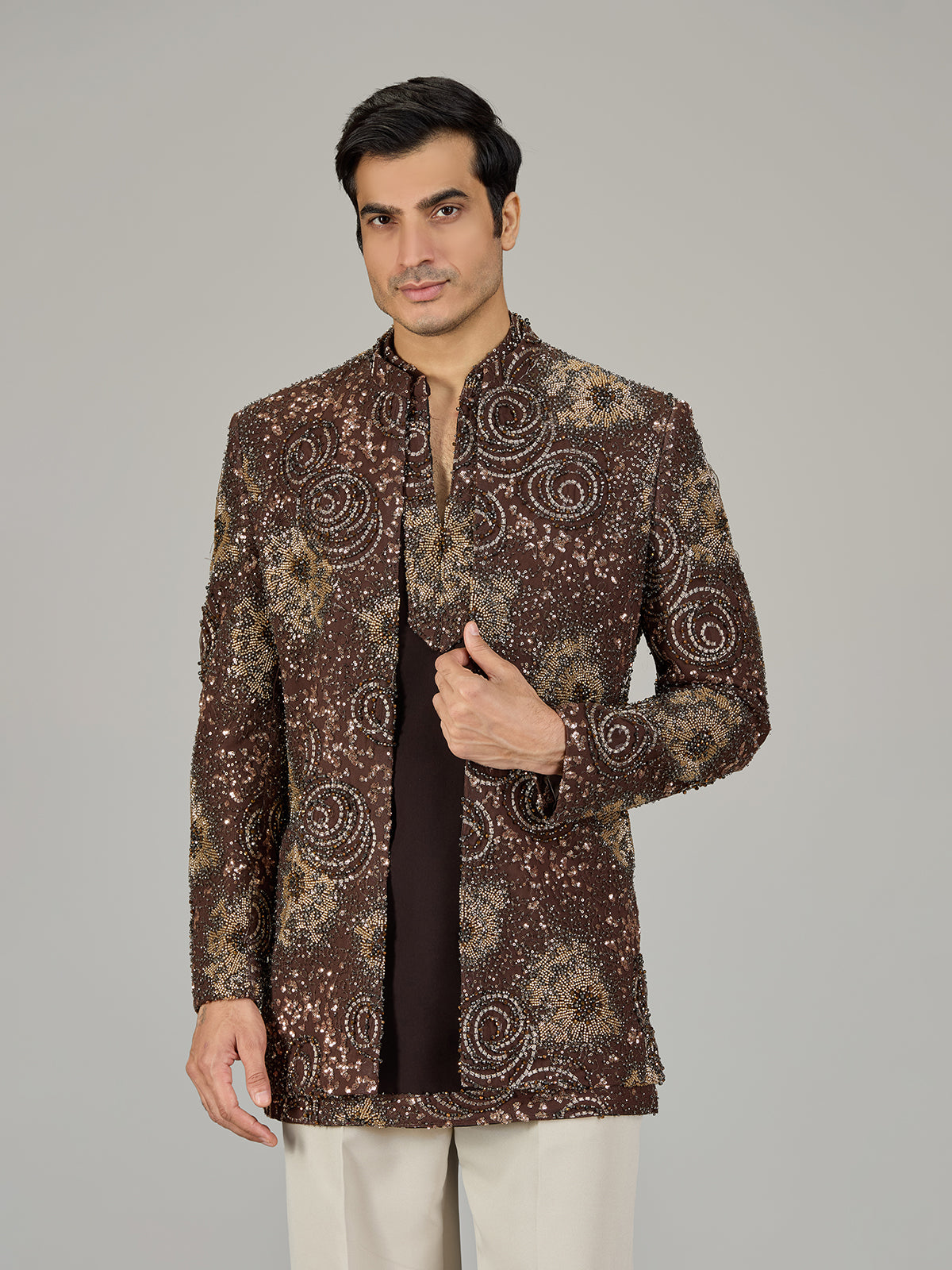 Brown embroidered open jacket indo western for men
