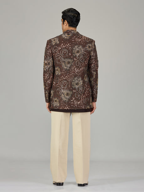 Brown embroidered open jacket indo western for men